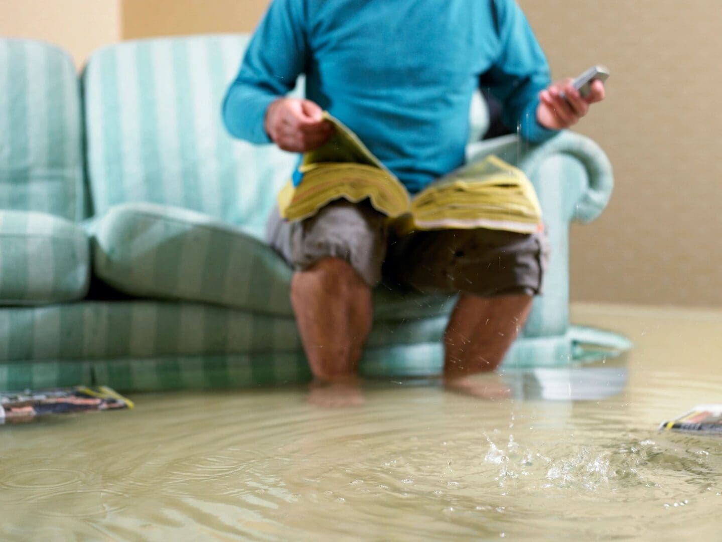 water damage home man in water